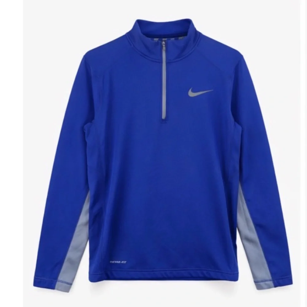 Nike Therma Fit Blue and Gray Mock Neck Colorblock Swoosh 1/4 Zip Fleece